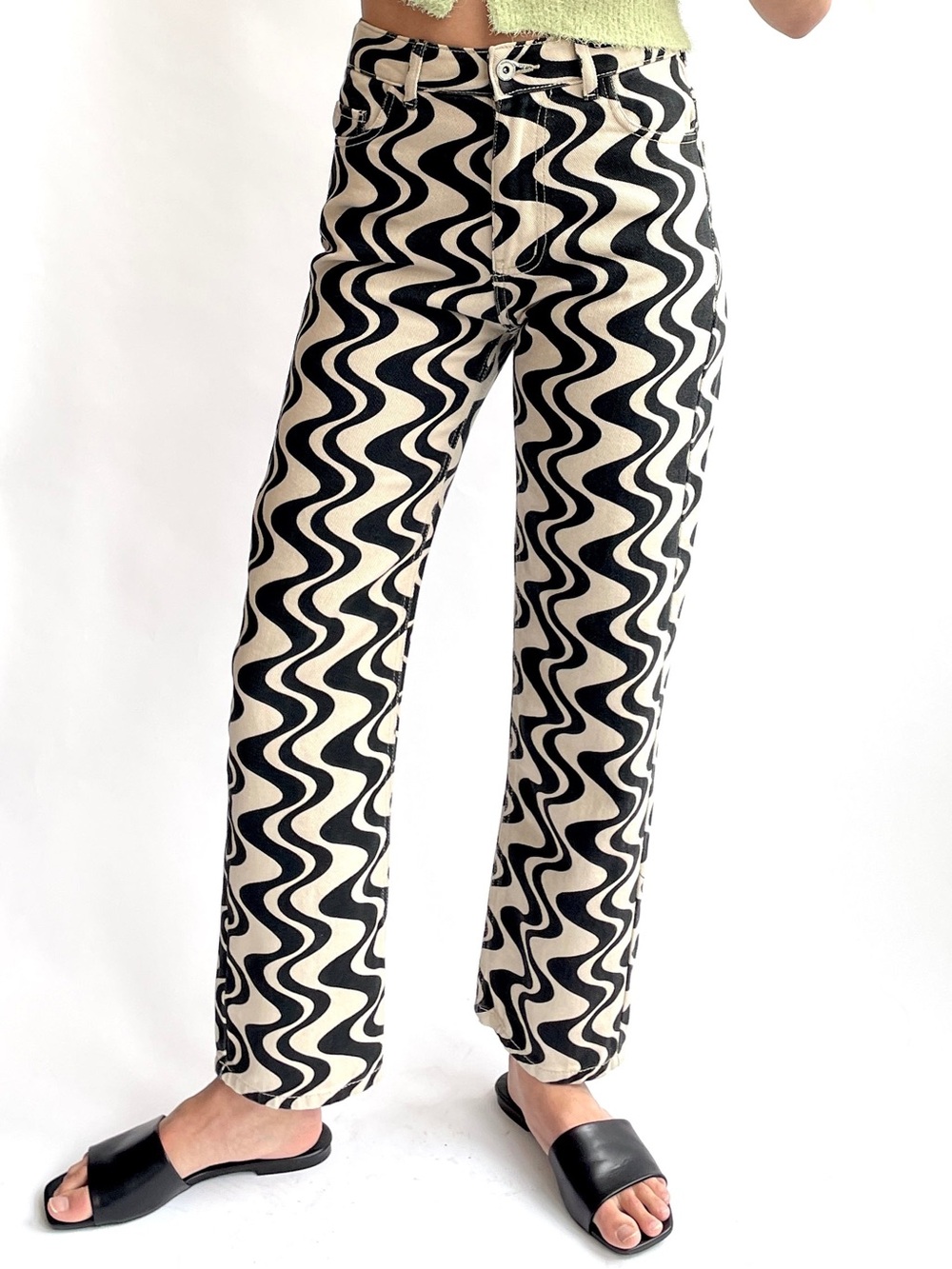 Mandinga Wave Print Black & Cream Graphic Straight Jeans